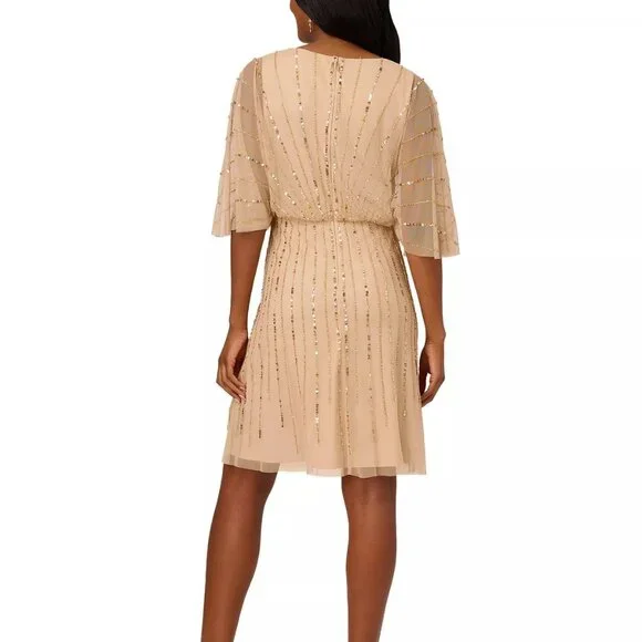 PAPELL STUDIO Women's Beaded Faux-Wrap Sheath Dress Champagne Gold Size 8 - Picture 2 of 4
